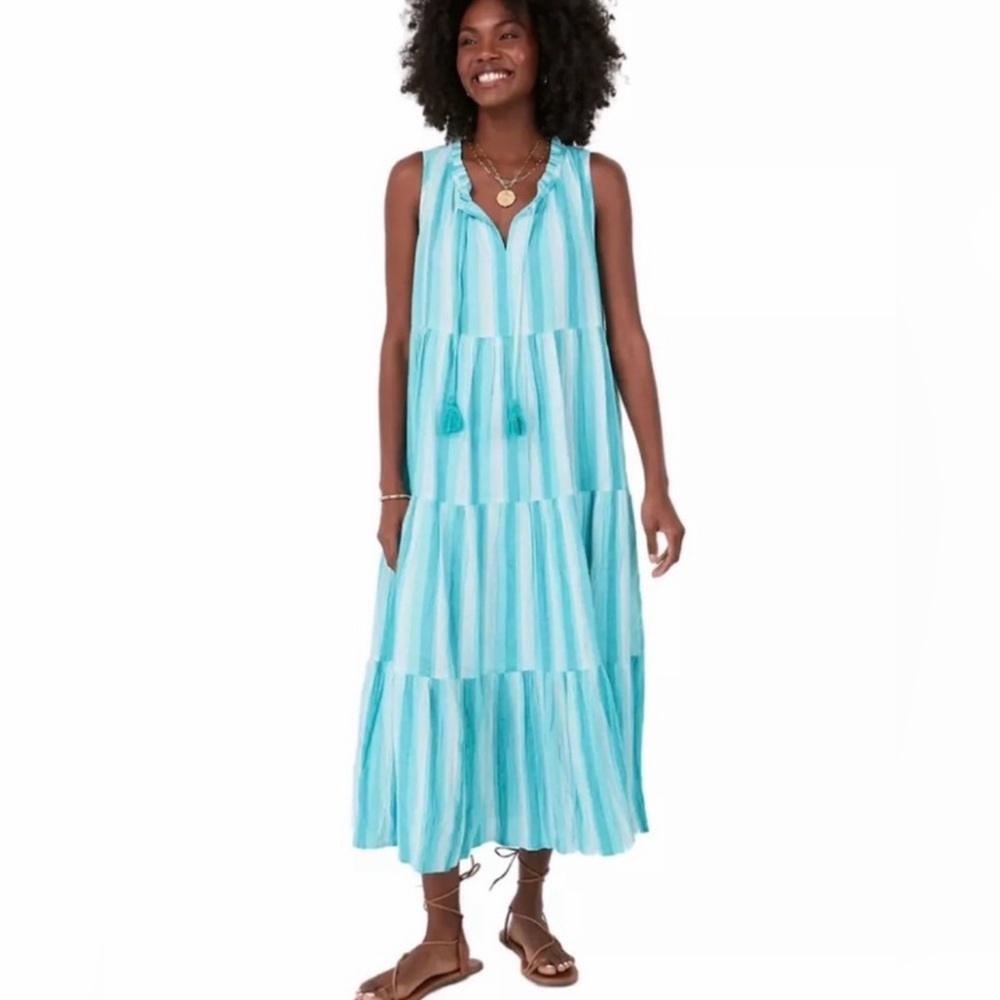 NWT! Tuckernuck Size L • Aquamarine Stripe Salty Paloma Caftan Midi Tiered Dress